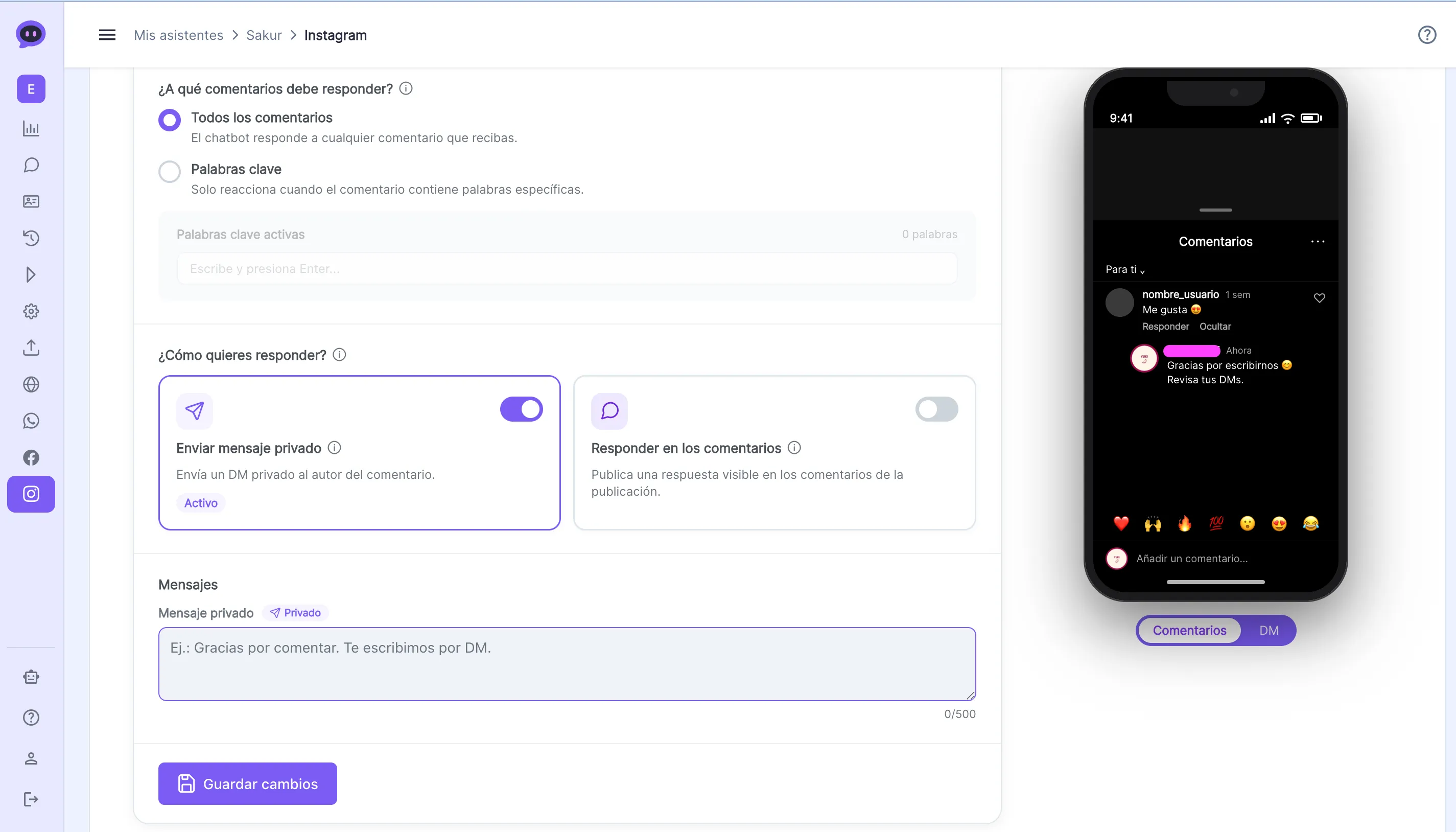 Sección ¿A qué comentarios debe responder? con opciones Todos los comentarios y Palabras clave, y sección ¿Cómo quieres responder? con las opciones Enviar mensaje privado y Responder en los comentarios