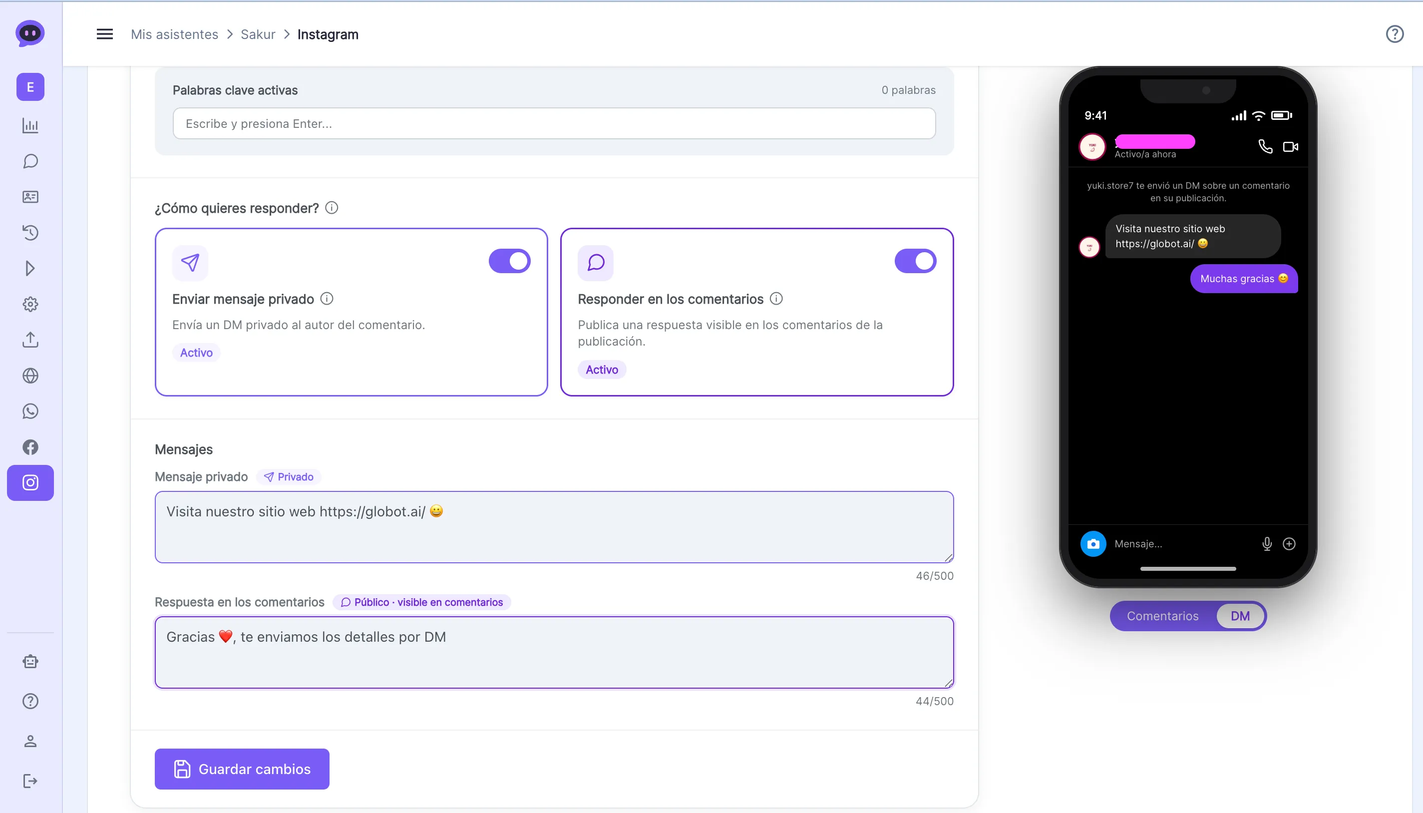 Sección ¿Cómo quieres responder? con ambas opciones activas, campos de mensajes configurados y vista previa en el móvil