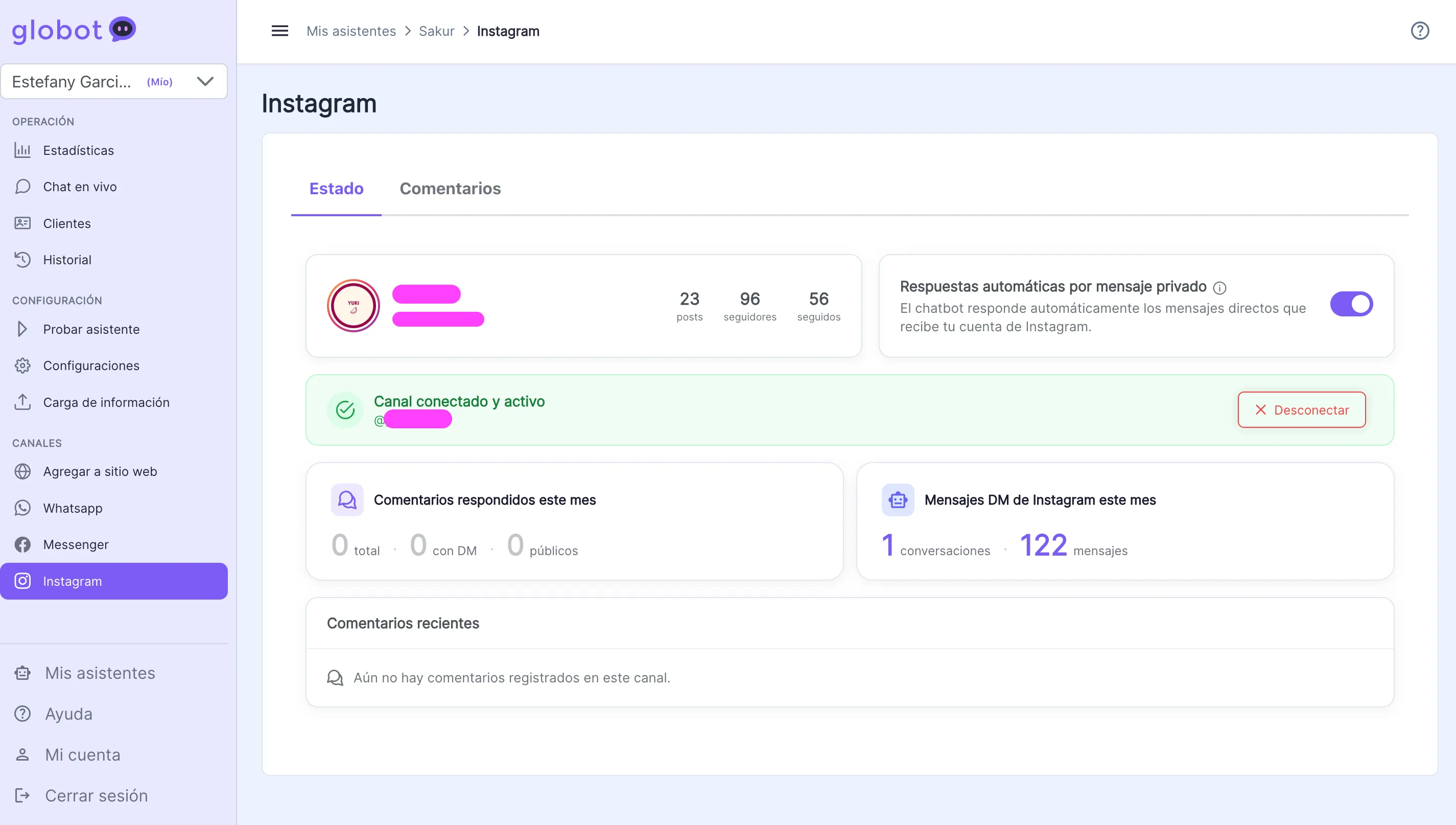Vista del canal Instagram en Globot con la cuenta conectada y activa, mostrando estadísticas de la cuenta