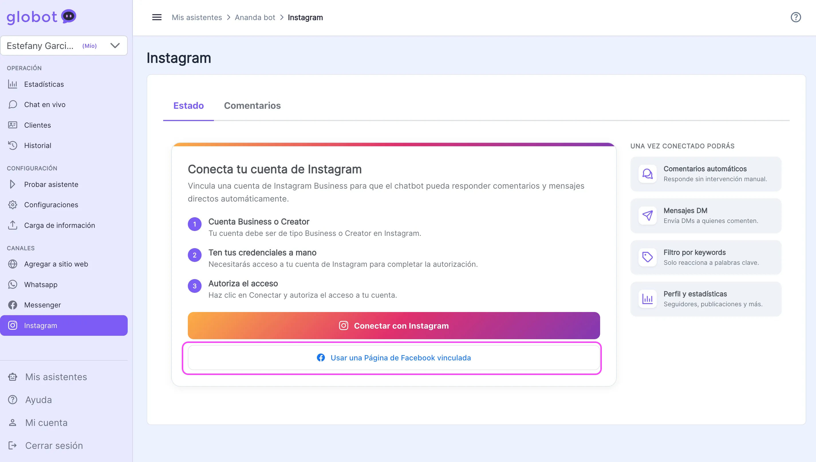 Globot — botón Usar una Página de Facebook vinculada resaltado en el canal Instagram