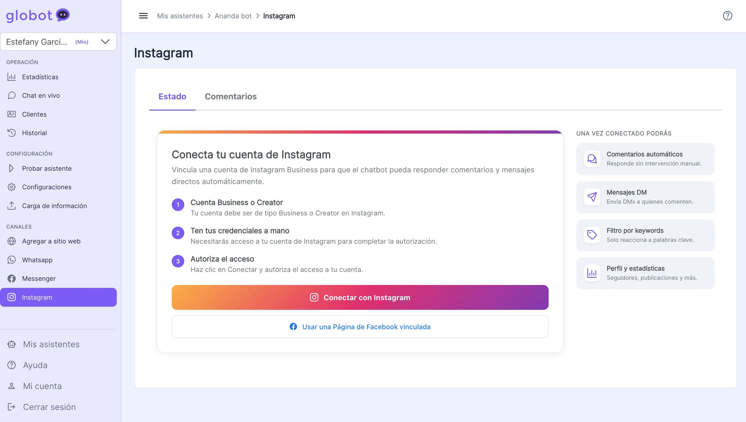 Vista principal del canal Instagram en Globot sin integración configurada