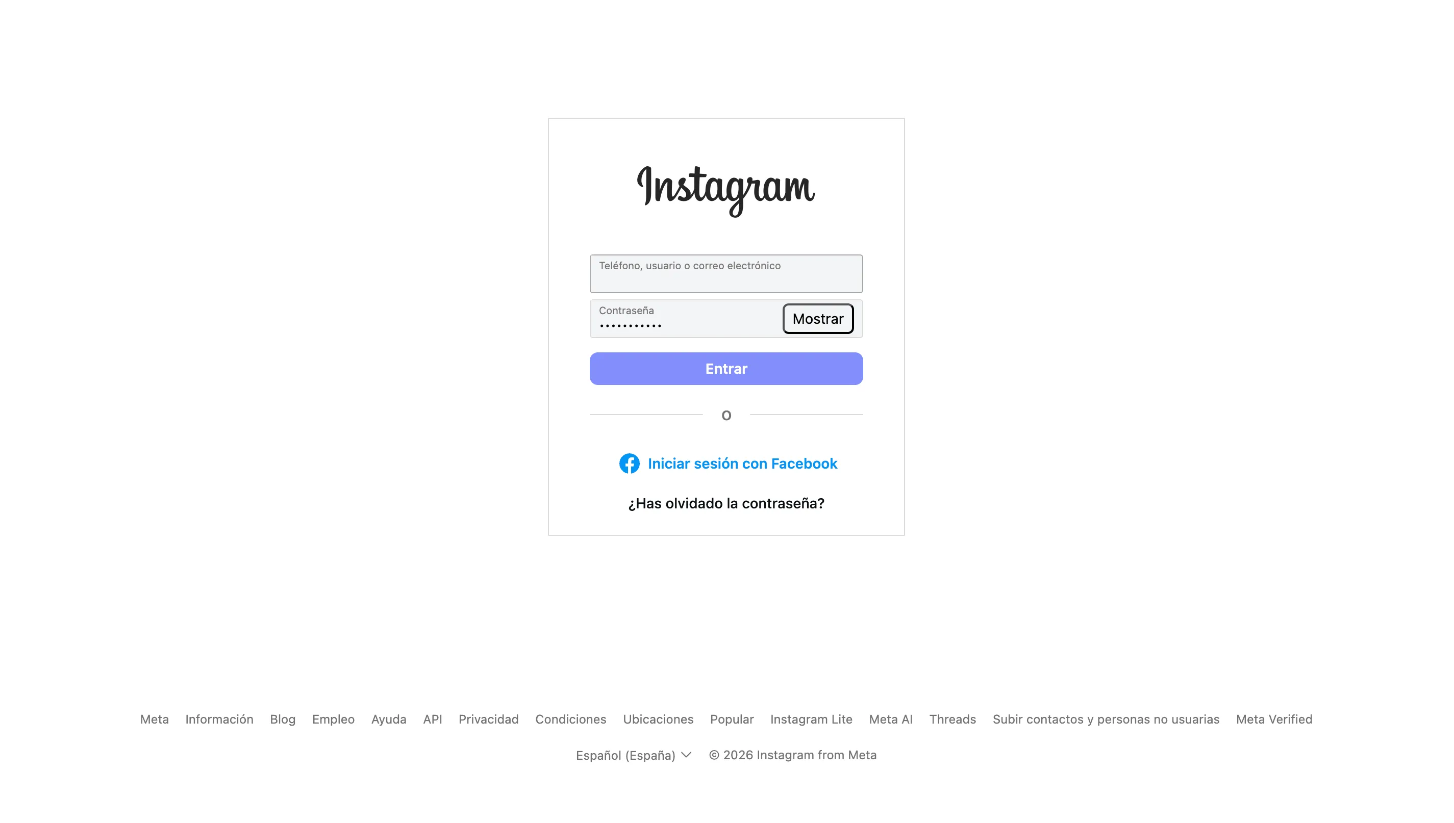 Pantalla de inicio de sesión de Instagram
