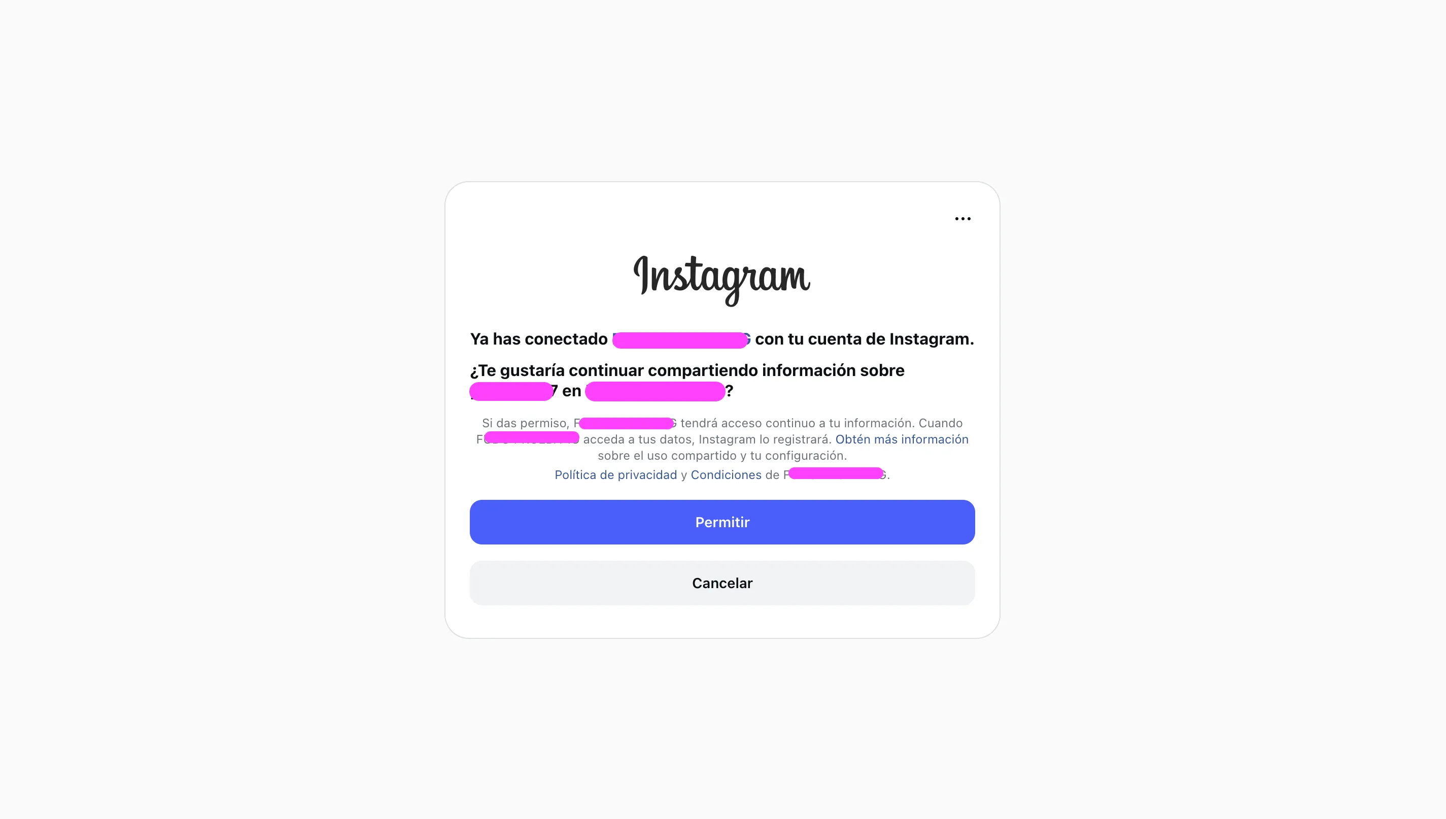 Modal de Instagram solicitando permiso para conectar Globot con la cuenta