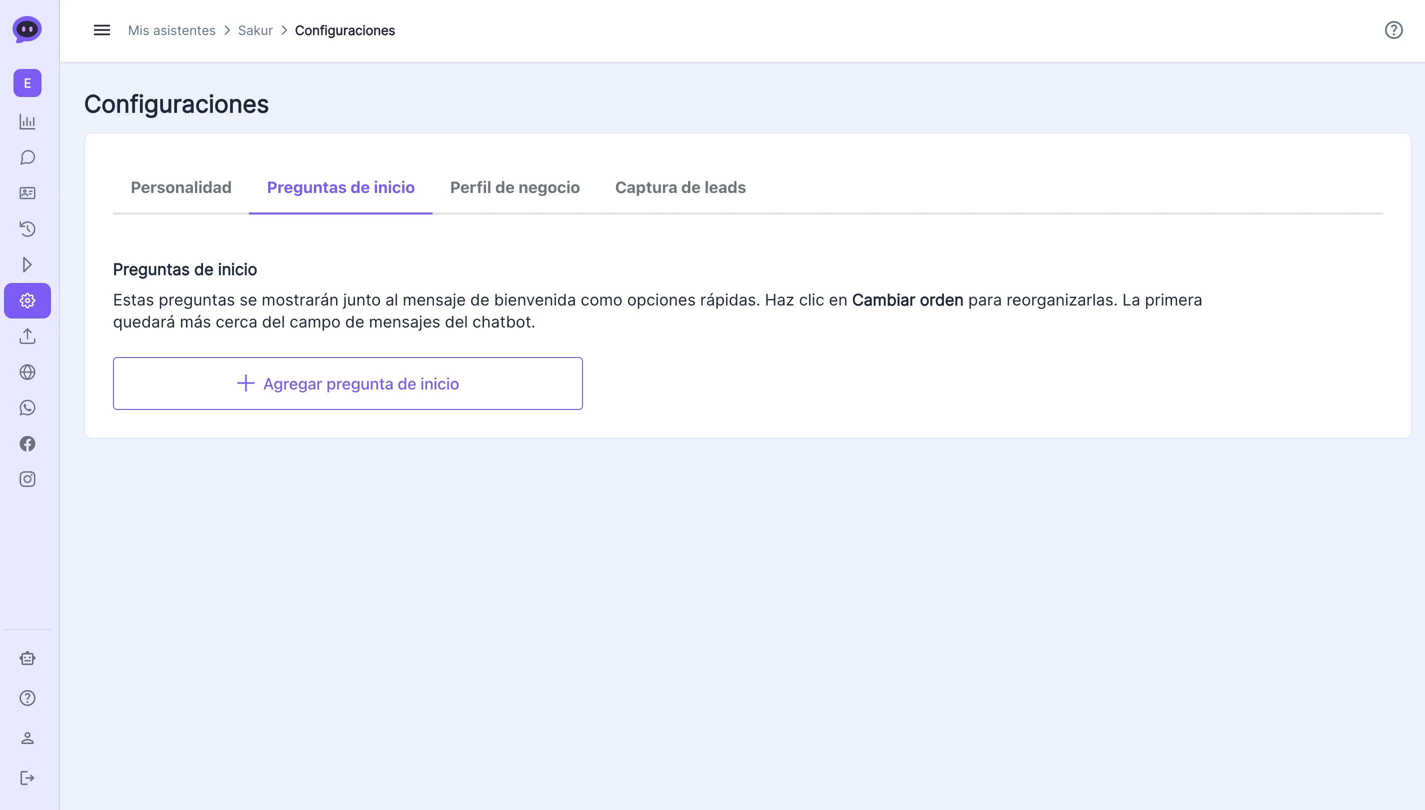 Vista de la pestaña Preguntas de inicio en Configuraciones de Globot