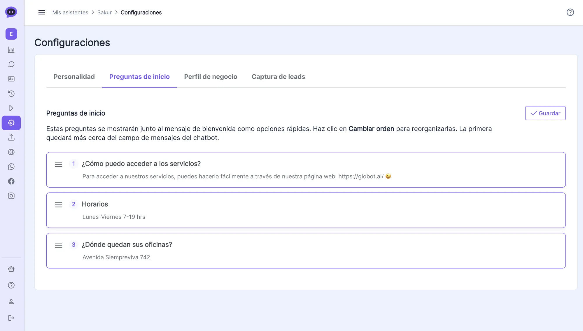 Vista de reordenamiento de preguntas de inicio con cards arrastrables numeradas
