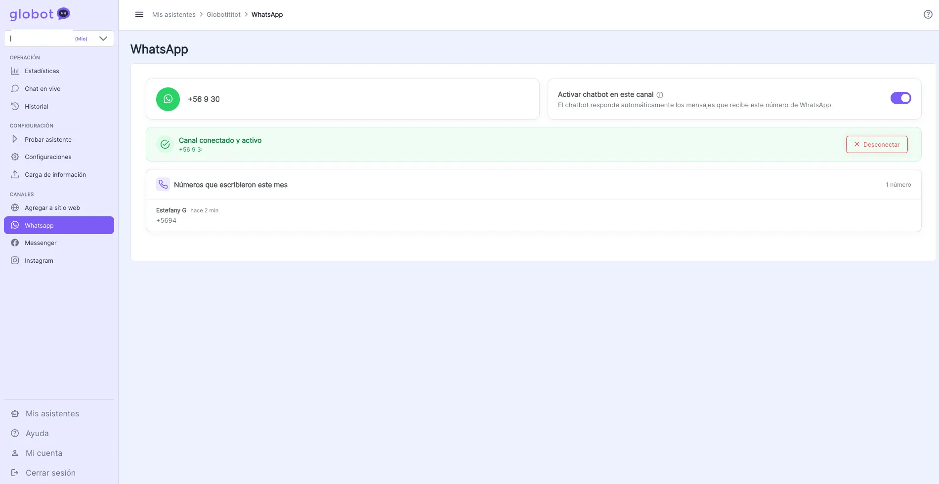 Canal de WhatsApp conectado y activo en el dashboard de Globot