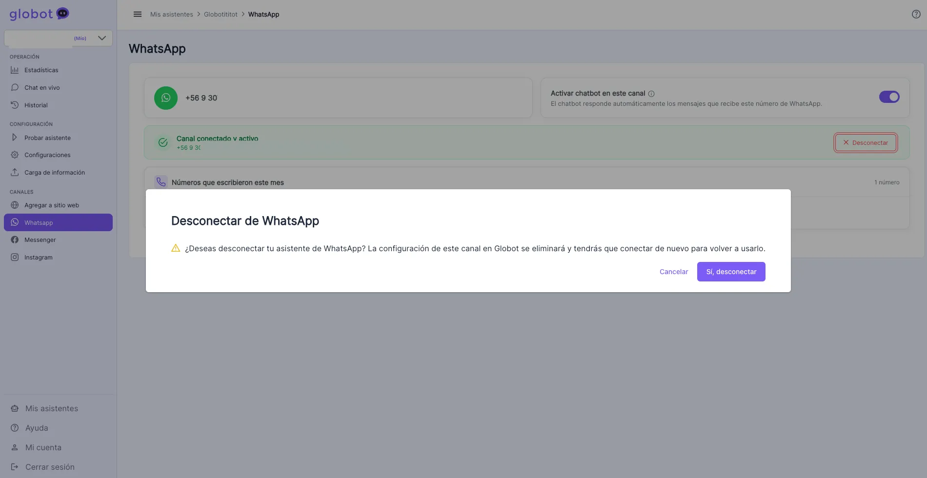 Modal de confirmación para desconectar el canal de WhatsApp